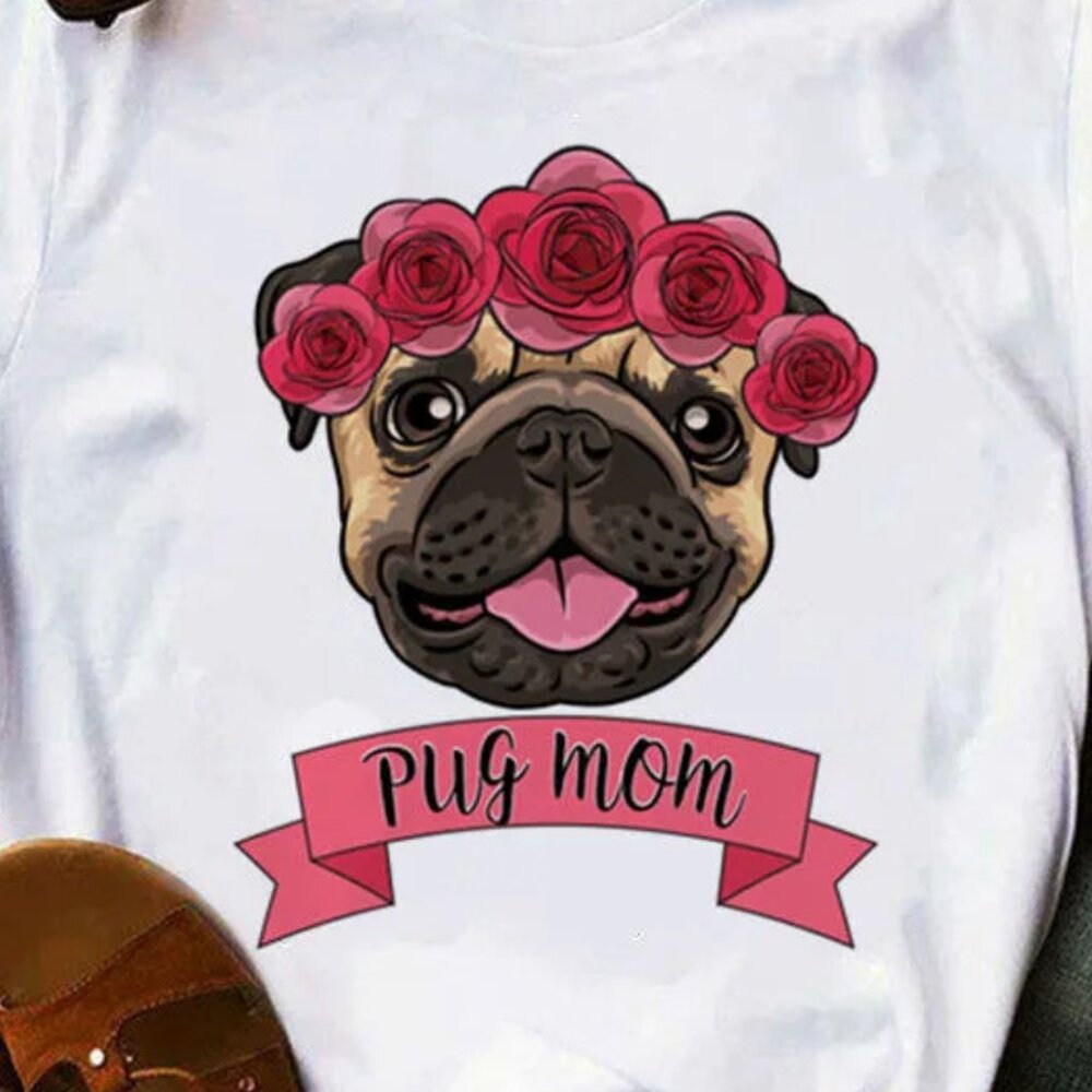 PUG MOM #3 Printed Round Neck Short-Sleeved Women T-Shirt Size LARGE